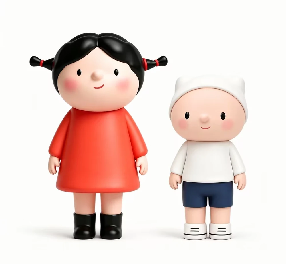 卜卜和点点的 3D 形象：穿红裙子的点点和穿藏青短裤的卜卜